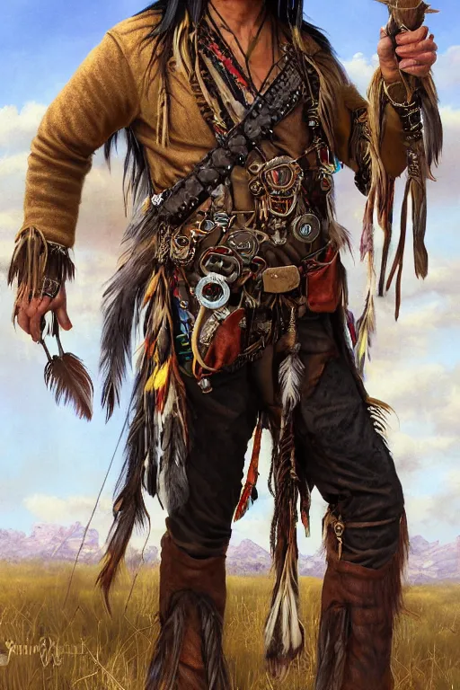 Image similar to fantasy character portrait of a thin native american indian man in his early 3 0 s, wearing traditional cargo buckskin jacket buckskin tactical toolbelt pockets bandolier full of trinket and baubles, steampunk arcane shaman, deadlands, weird west, by steve henderson, sandra chevrier, alex horley