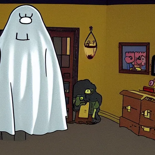 Image similar to ghost under a sheet haunting the Simpsons, Simpsons Halloween special