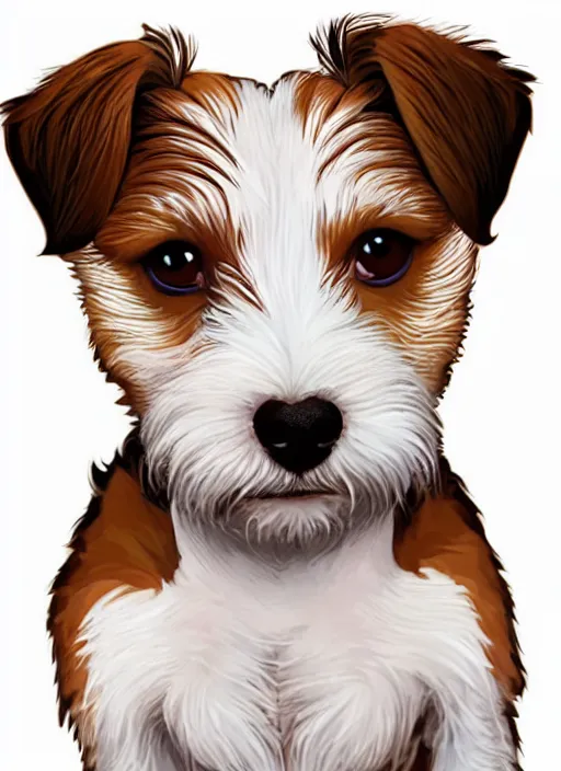 Image similar to a very cute wire haired jack russell terrier puppy. he is white with brown spots and brown patches over both eyes. clean cel shaded vector art. shutterstock. behance hd by lois van baarle, artgerm, helen huang, by makoto shinkai and ilya kuvshinov, rossdraws, illustration, art by ilya kuvshinov