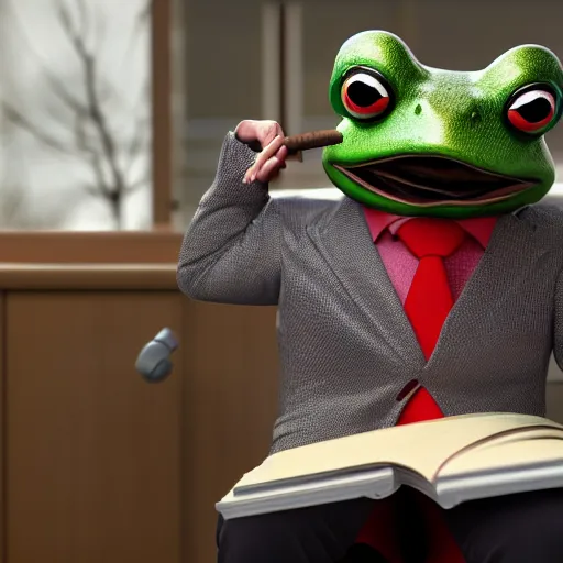 Image similar to an anthropomorphic frog wearing a suit and smoking a cigar in an office chair, 8k, photorealistic,