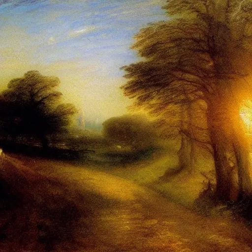 Image similar to a beautiful country path, golden light , sense of awe, in the style of Turner