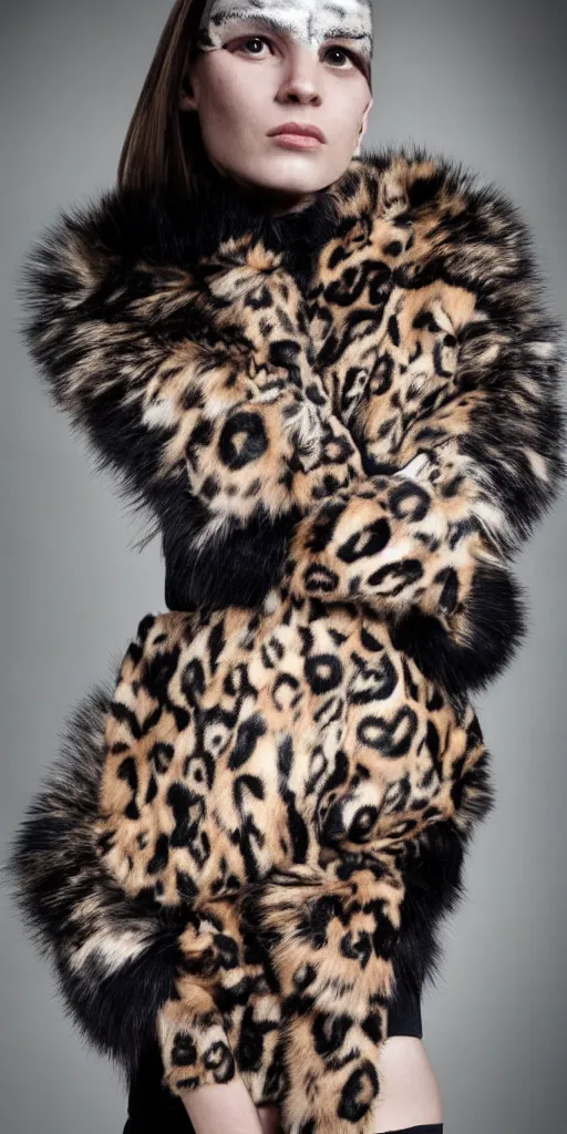 Prompt: a beautiful cyborg made of animal print fur