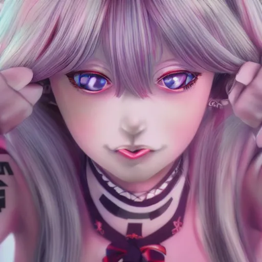 Image similar to unexpectedly overpowered and trapped beneath inescapable and overwhelmingly stunningly absurdly beautiful megalomaniacal omnipotent asi goddess junko enoshima with symmetrical perfect face, porcelain skin, pink twintail hair and cyan eyes, ultra detailed, digital art, unreal engine 5, octane render, 2 d anime, 8 k