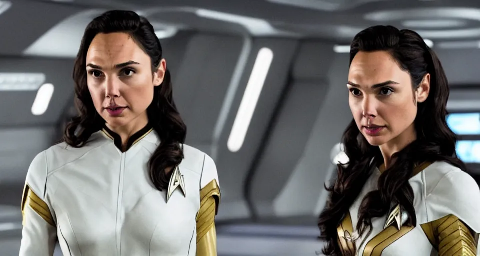 Image similar to Gal Gadot, in full starfleet uniform, is the captain of the starship Enterprise in the new Star Trek movie