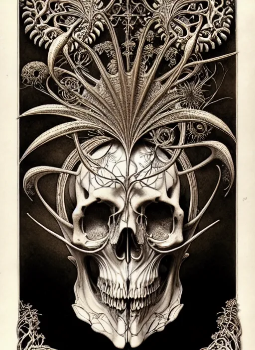 Image similar to art forms of nature by ernst haeckel, memento mori by arthur rackham, ornate antique porcelain beautiful skull mask, ultrasharp, photorealistic, hyperdetailed, octane render, polished, art nouveau, neo - gothic, gothic, intricate ornamental organic filigree, art nouveau botanicals, art forms of nature by ernst haeckel, horizontal symmetry, symbolist, visionary