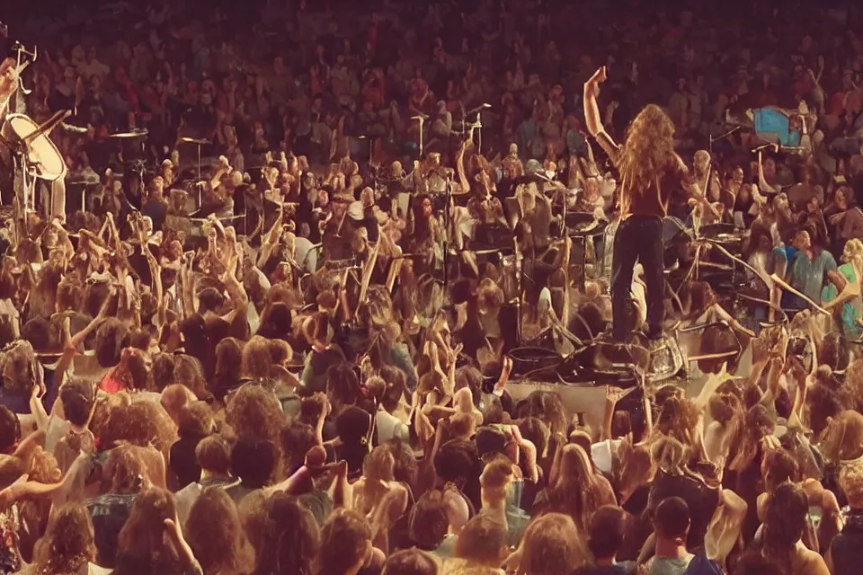 Image similar to a claymation film still of a curly long hair drummer playing the drum set in a big arena stage with a crowd of fans. claymation by bruce bickford