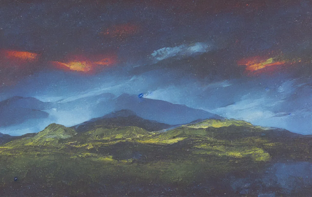 Image similar to Realist colorful impasto painting of the Salmon River mountain valley at midnight by John Harris, stars in the inky black sky reflect on the darkest blue river surface, 4k scan, very beautiful, oil on canvas, visible diagonal brushstrokes