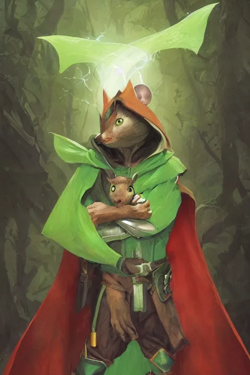 Image similar to portrait of the mousefolk hunter wearing green cape and hood by artgerm and Craig Mullins, James Jean, Andrey Ryabovichev, Mark Simonetti and Peter Morbacher 16k