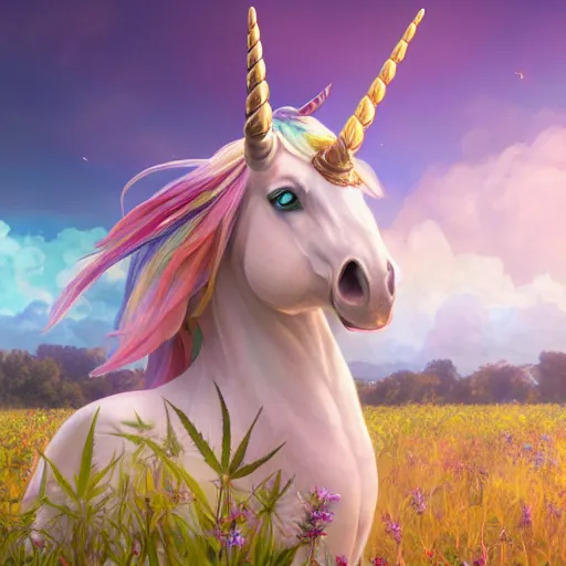 Prompt: a unicorn with wings eating in a field of marijuana, colorful sky, art by artgerm and greg rutkowski and alphonse mucha, concept art, octane render, unreal engine 5, highly detailed, high quality, 8 k, soft lighting, realistic face, path traced