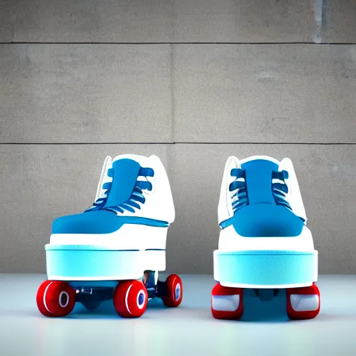 Image similar to a pair of white retro! roller skates with cyan wheels on a pedestal!! in an empty white room, octane render, 3 d, pink lightning, neon!! light