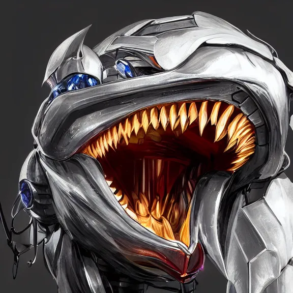 Image similar to close up mawshot of a perfect elegant beautiful stunning anthropomorphic hot female robot mecha dragon, with sleek silver metal armor, glowing OLED visor, looking the camera, eating camera pov, open dragon maw being highly detailed and living, pov camera looking into the maw, food pov, micro pov, prey pov, vore, dragon vore, digital art, pov furry art, anthro art, furry, warframe art, high quality, 8k 3D realistic, dragon mawshot art, maw art, macro art, micro art, dragon art, Furaffinity, Deviantart, Eka's Portal, G6