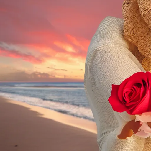 Image similar to cinematic shot of the singer Seal holding a bouquet of roses on a beach at sunset, highly intricate, highly detailed,