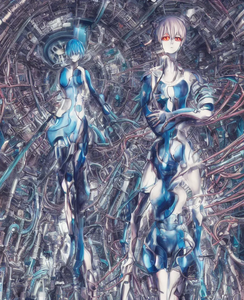 Image similar to female anime character rei ayanami cyborg in the center giygas epcotinside a space station eye of providence beksinski finnian vivid hr giger to eye hellscape mind character environmental