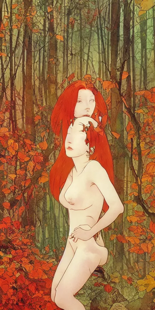 Image similar to a beautiful illustration of a red-head female in a forest, autumn, cinematic composition, mist, style of yoshitaka amano and alfons mucha