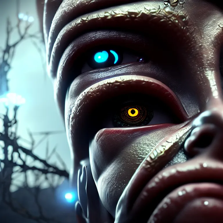 Image similar to ultra realistic beautiful cyborg deity eyes closed, fantasy, intricate details, movie still, highly detailed, photorealistic, octane render, eerie, 8k