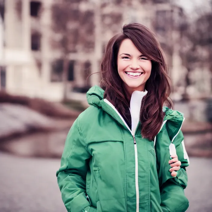Prompt: a beautiful girl from minnesota, brunette, joyfully smiling at the camera with her eyes closed. thinner face. irish genes. wearing university of minneapolis coat. perfect nose, morning hour, plane light, portrait, minneapolis as background.