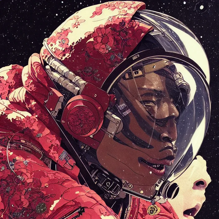 Prompt: a beautiful ukiyo painting of travis scott as a spacepunk battle space pilot, wearing space techwear, detailed close up portrait, intricate complexity, concept art, by takato yamamoto, wlop, krenz cushart. cinematic dramatic atmosphere, sharp focus, digital full likeness art. center frame