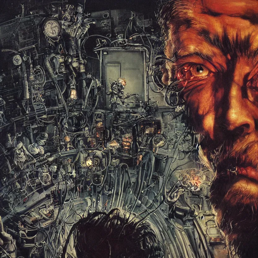 Image similar to a close - up view of a mad scientist with crazy hair experimenting on a television in a blacklight room, dark glowing laboratory, highly detailed science fiction painting by norman rockwell, tim jacobus, simon bisley, and sanjulian. detailed texture, rich colors, high contrast, gloomy atmosphere, dark background. trending on artstation