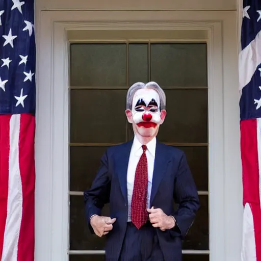 Prompt: Jerome Powell with clown makeup whiteface, talking with other clowns, full body, photo realistic, highly-detailed