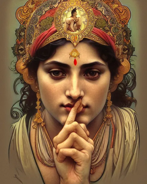 Prompt: amazing lifelike award winning pencil illustration of Krishna in style of Alphonse Mucha, trending on artstation, artgerm, Greg rutkowski, alphonse mucha, William-Adolphe Bouguereau, cinematic, epic Lighting, photorealistic, Octane render, Unreal Engine, Art nouveau