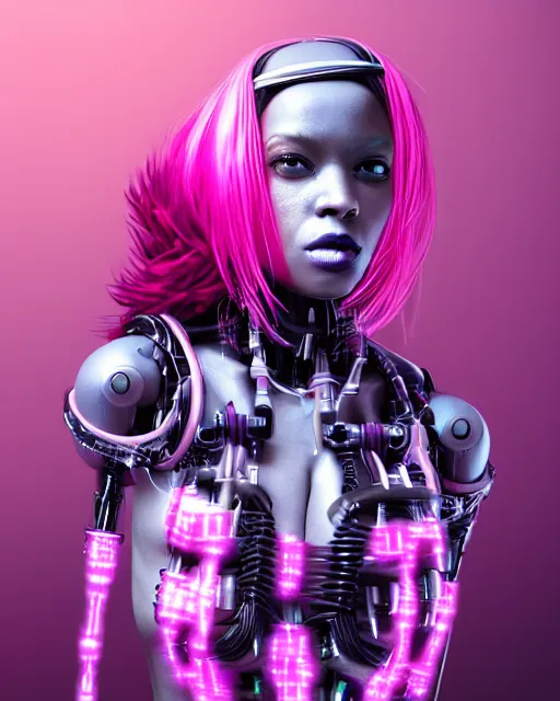 Image similar to portrait of a beautiful black woman with pink hair as a cyberpunk cyborg half robot, revealing wires and electronics, hooked - up, sci - fi, missing panels, intricate abstract upper body intricate artwork, concept art, octane render, deviantart, cinematic, key art, hyperrealism, iridescent accents, portrait photograph, nikon 3 5 mm, photograph by greg rutkowski