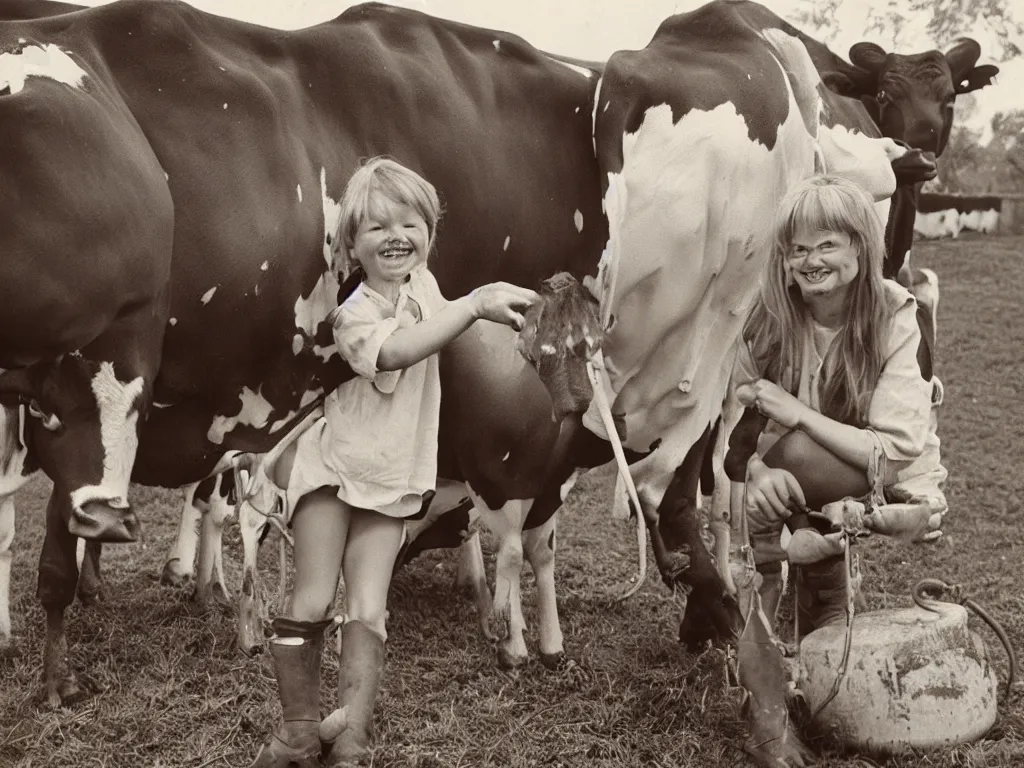 Image similar to happy finnish girl milking a cow and smiling to the camera, 1 9 6 6, home album pocket camera photo, detailed facial features, hyper realistic