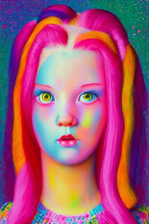 Image similar to an portrait of a girl with pink hair wearing a bright colorful retro sweater, evokes chrysalism painting by mark ryden, and lisa frank