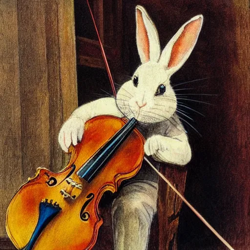 Image similar to a rabbit playing violin inside a church, in the style of carl larsson