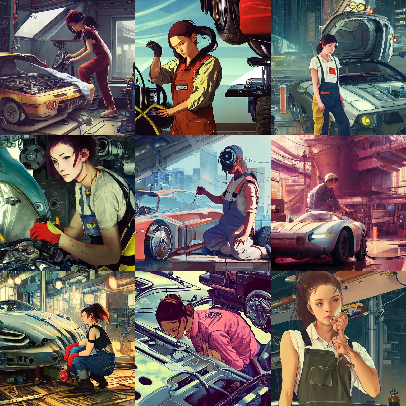 Prompt: A mechanic in overalls repairing a hovercar with a look of concentration on her face, cyberpunk, digital painting, detailed face, detailed background, Ilya Kuvshinov, Hayao Miyazaki, Kyoto Animation, Alphonse Mucha