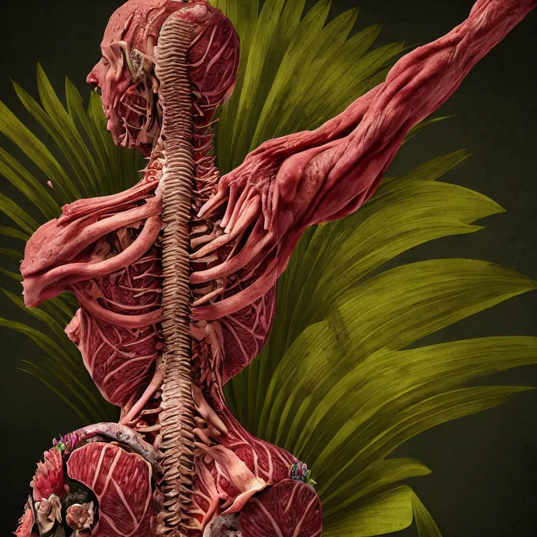 Prompt: portrait of faceless warrior, surrounded by beautiful tropical flowers, tropical fruit, human spine, rotten meat flesh with colorful mold, muscle tissue, spikes, baroque painting, beautiful detailed intricate insanely detailed octane render, 8K artistic photography, photorealistic, chiaroscuro, Raphael, Caravaggio, H.R.Giger, BW digital art