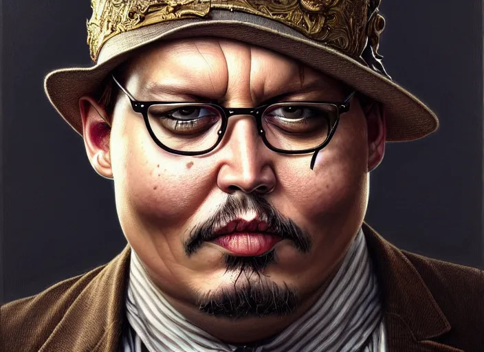 Prompt: wideangle!! portrait shot of fat johnny depp, intricate, elegant, highly detailed, centered, digital painting, artstation, concept art, smooth, sharp focus, illustration, artgerm, tomasz alen kopera, peter mohrbacher, donato giancola, joseph christian leyendecker, wlop, boris vallejo