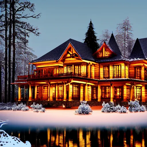 Prompt: wooden mansion in the woods snow, lights large lake highly realistic photorealistic