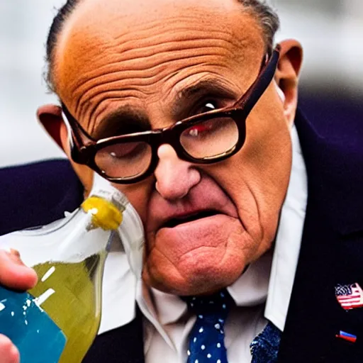 Image similar to news still of a drunk rudy giuliani holding a bottle, 4 k, professional