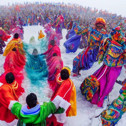 Prompt: conde naste traveler photo, a giant massive colorful harvest festival in the middle of the siberian tundra, colorful dancers in flowing robes dancing in ecstasy around a colorful religious idol, deep snow, harsh conditions,