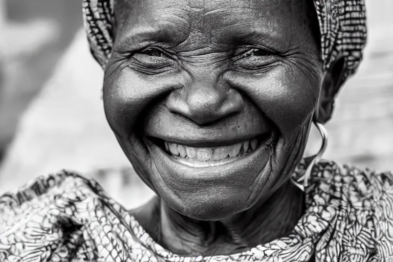 Image similar to still photo of a old african woman smiling at the camera on the street, black and white color aesthetic, highly detailed, photorealistic portrait, bright studio setting, studio lighting, crisp quality and light reflections, unreal engine 5 quality render