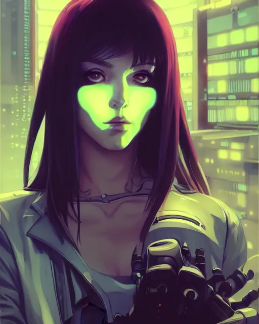 Image similar to a comic potrait of a cyberpunk cyborg girl with big and cute eyes, fine - face, realistic shaded perfect face, fine details. night setting. very anime style. realistic shaded lighting poster by ilya kuvshinov katsuhiro, magali villeneuve, artgerm, jeremy lipkin and michael garmash, rob rey and kentaro miura style, trending on art station