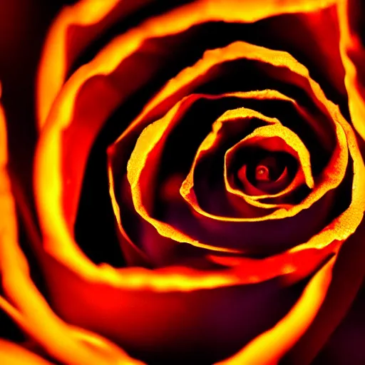 Image similar to award - winning macro of a beautiful black rose made of glowing molten magma, inner glow, lava texture