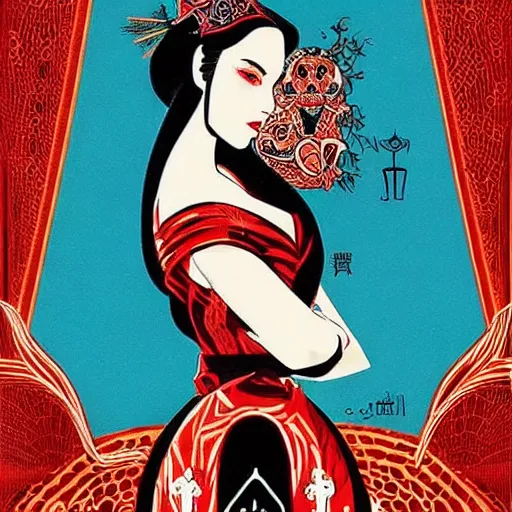 Prompt: a vintage movie poster titled ( ( vulvina ) ), a queen in love with death, oriental, tarot, jewels, by saul bass!!!! by ( yoshitaka amano ), graphic design, flat color, 7 0 s vibe, solid color, poster, tonalism, desaturated!!, arabic!, vintage