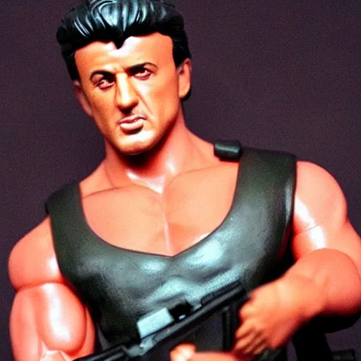 Image similar to 12 inch full body lifelike action figure of Stallone as Rambo. Big muscles. Holding a fully automatic rifle