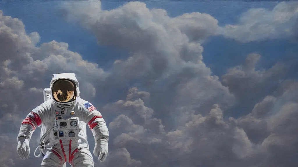 Image similar to an astronaut among goliaths in a landscape, oil on canvas, painting, 4k, wide shot