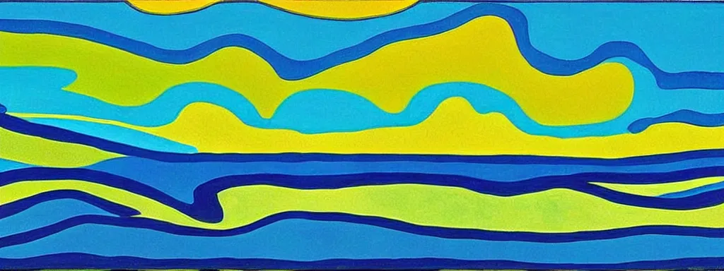 Image similar to Psychedelic sci-fi dreamworld. Landscape painting. Organic. Winding rushing water. Waves. Clouds. Landscape by Alex Katz. Wayne Thiebaud. Matisse.