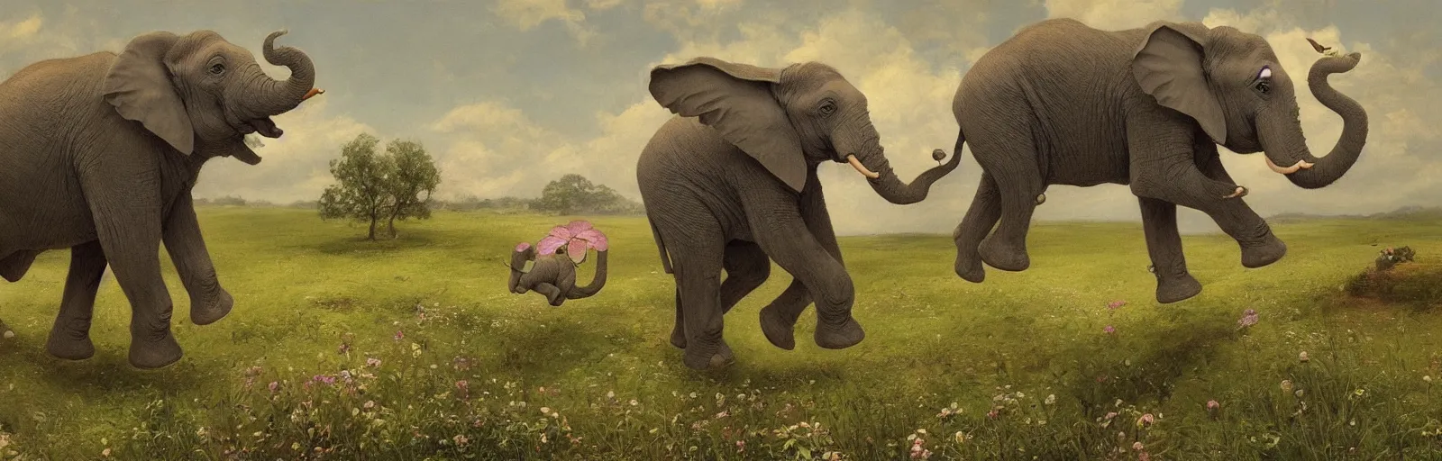 Image similar to A baby purple elephant flying across a meadow with a stream, illustration, detailed, smooth, soft, warm, by Adolf Lachman, Shaun Tan, Surrealism