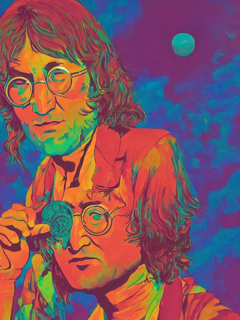 Image similar to a closeup portrait of john lennon wearing colorful psychedelic clothing, taking mind altering drugs, a blotter paper of lsd acid and dreaming psychedelic hallucinations in a vast beautiful landscape, by kawase hasui, moebius, edward hopper, colorful flat surreal design, dramatic lighting, hd, 8 k, artstation