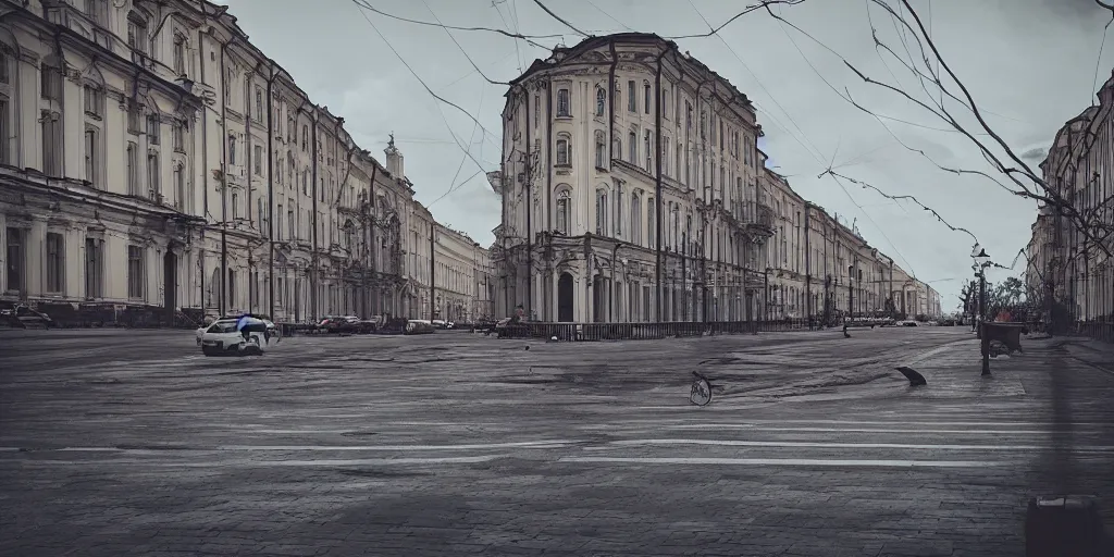 Image similar to cinematic street shot of a flying laputa city, saint petersburg, telephoto, anamorphic cinematography, beautiful composition, color theory, leading lines, photorealistic, moody volumetric lighting