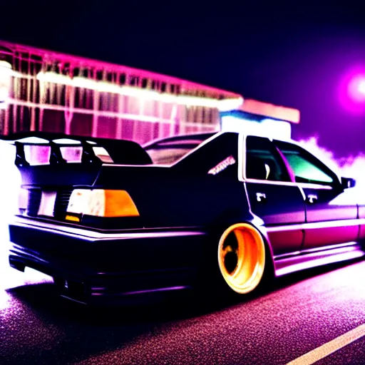 Prompt: a car JZX100 turbo drift at illegal car meet, Sibuya prefecture, city midnight mist lights, cinematic color, photorealistic, highly detailed wheels, 200MM