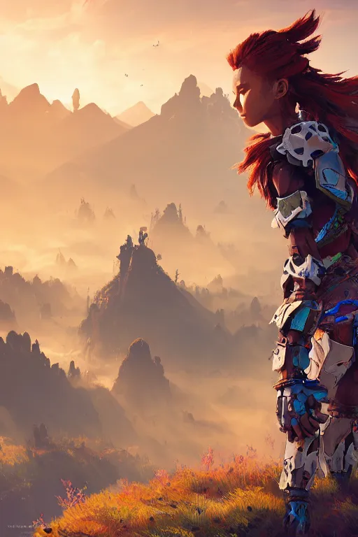 Image similar to combination suit armor aloy horizon forbidden west horizon zero dawn radiating a glowing aura global illumination ray tracing hdr fanart arstation by ian pesty and alena aenami artworks in 4 k tribal robot ninja mask helmet backpack