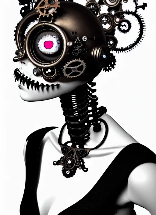 Image similar to 1 9 3 0 black and white gothic masterpiece profile face portrait, one steampunk eye biomechanical beautiful young female cyborg - robot, body ribs meshes, big monocular, volumetric light, hibiscus flowers, by hg giger, rim light, big gothic fashion pearl embroidered collar, 8 k