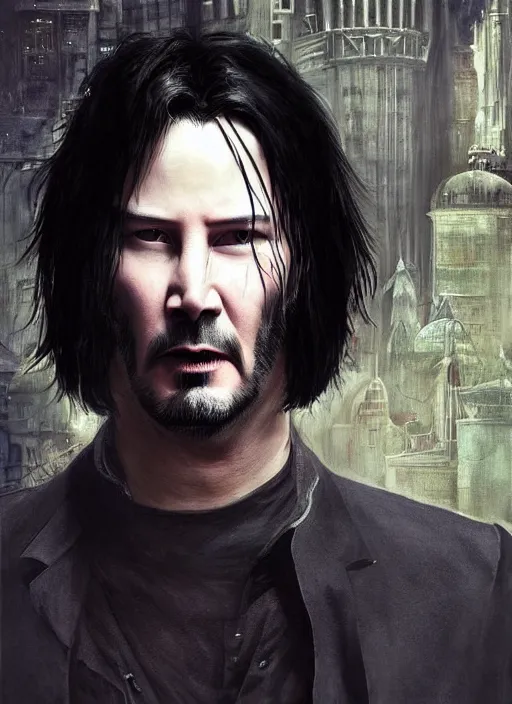 Image similar to keanu reeves neo from matrix 1 as sandman, with fingers and hair turning into smoke, vertigo, shaved, pale skin!, goth, bauhaus, fantasy, intricate, elegant, highly detailed, digital painting, artstation, concept art, wallpaper, smooth, sharp focus, illustration, art by artgerm and greg rutkowski and alphonse mucha