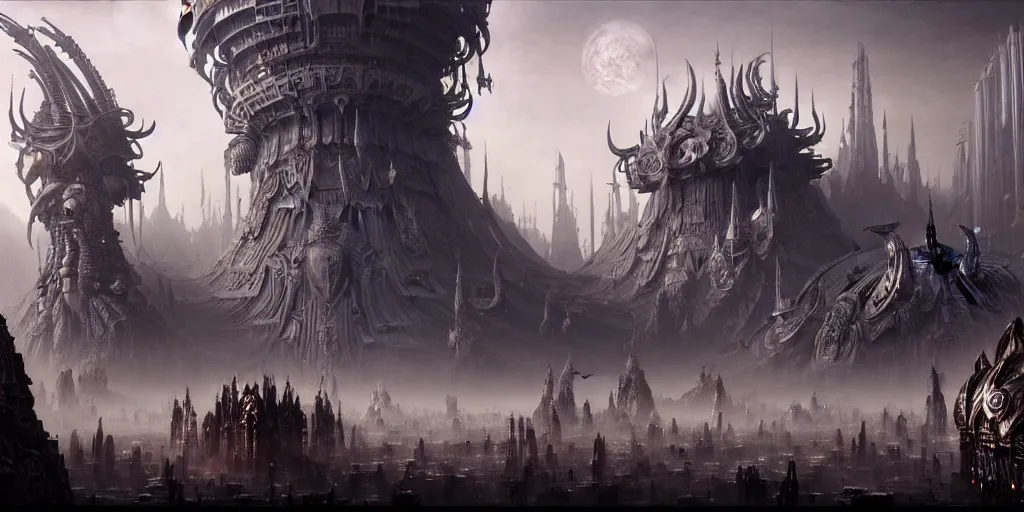 Prompt: a beautiful and insanely detailed matte painting of an advanced sprawling futuristic warrior civilization with surreal architecture designed by akihiko yoshida!, whimsical!!, epic scale, intricate details, sense of awe, warhammer 4 0. 0 0 0, elite, fantasy realism, complex layered composition!!