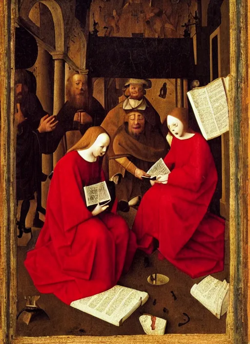 Image similar to fallen angels dressed in red reading the bible and arguing in Tuscany by Jan van Eyck, Hieronymus Bosch, Johannes Vermeer 4k post-processing, highly detailed medieval painting